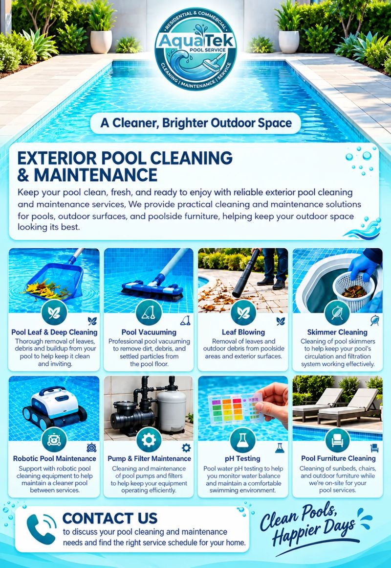 AquaTek Pool Services brochure showcasing various pool cleaning and maintenance services